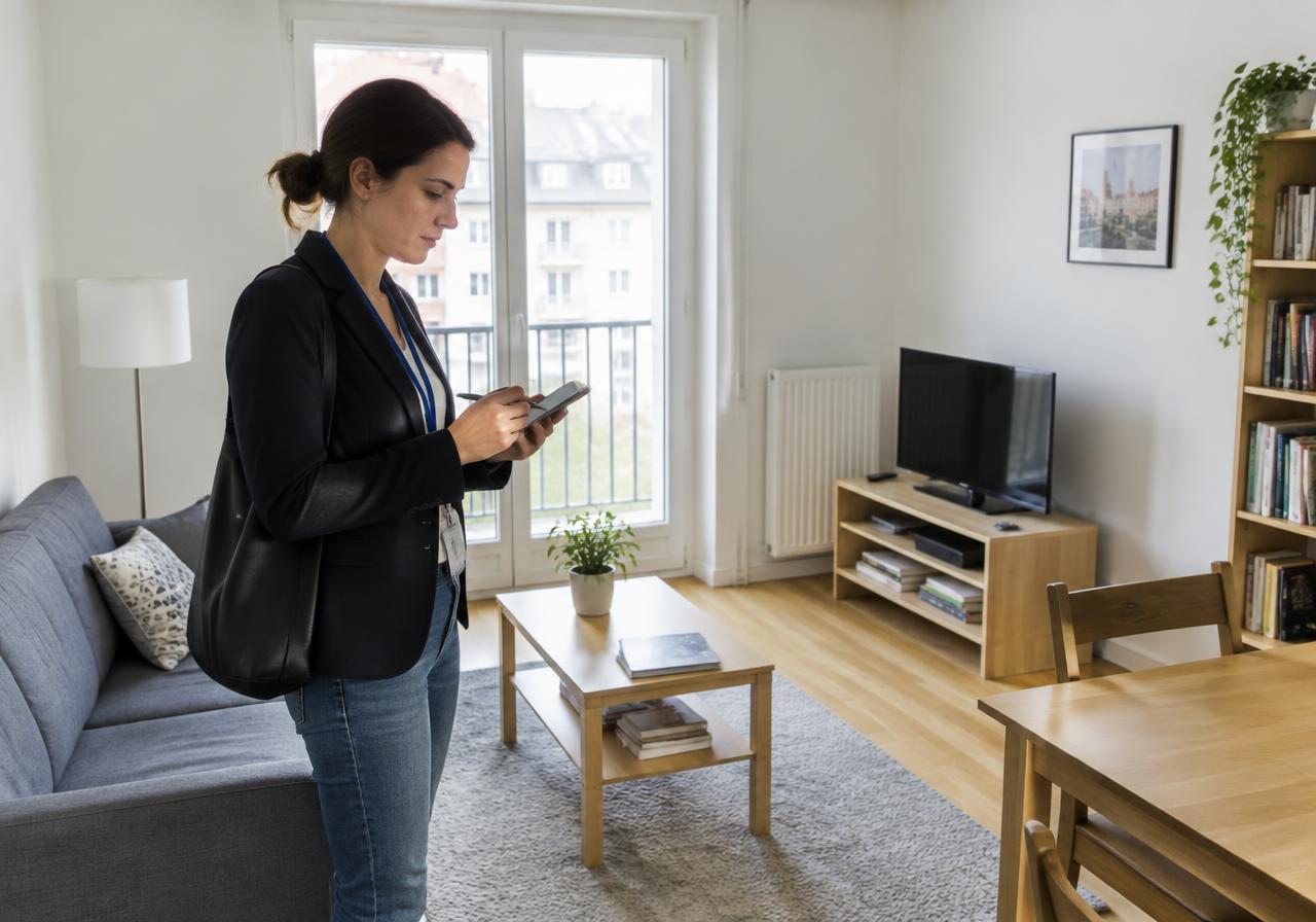 Intervenante réalisant un état des lieux sur smartphone