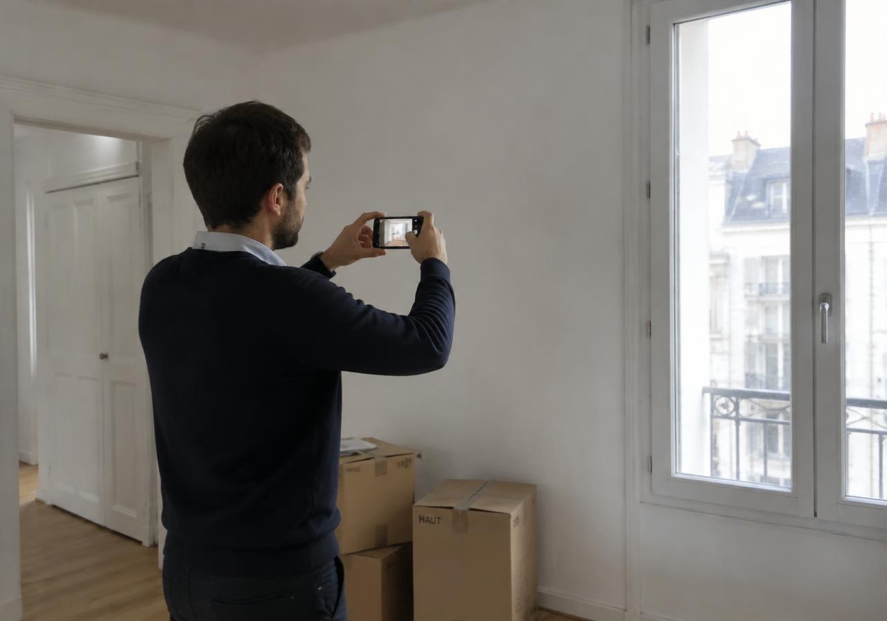 Intervenant photographiant un logement vide lors d'un état des lieux de sortie