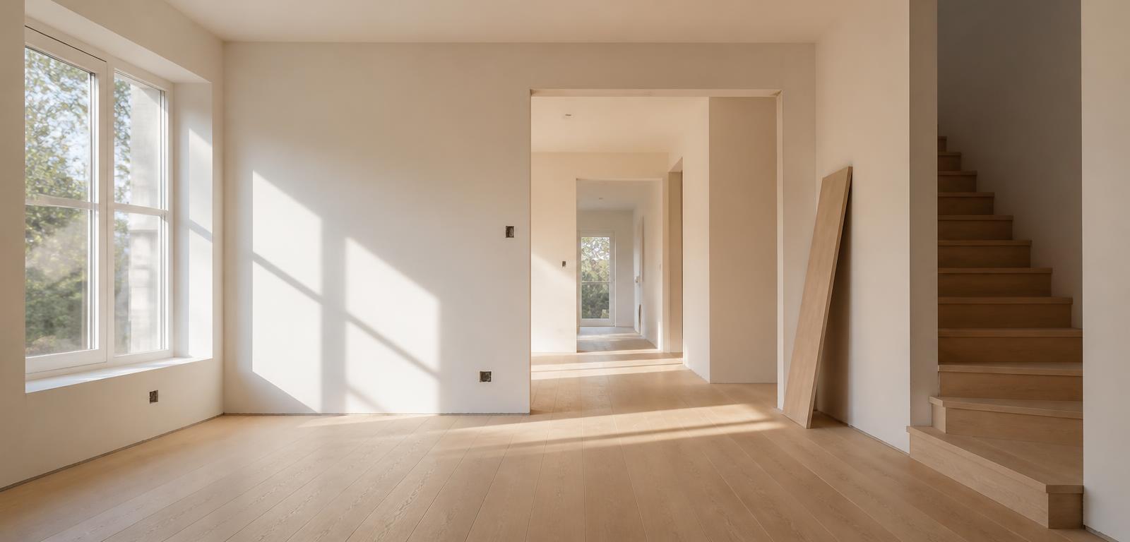 Intérieur en cours de rénovation, lumière naturelle et finitions soignées